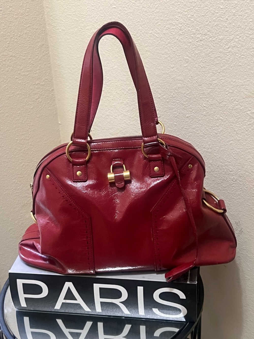 Yves Saint Laurent Red Patent Leather Satchel with Gold Hardware